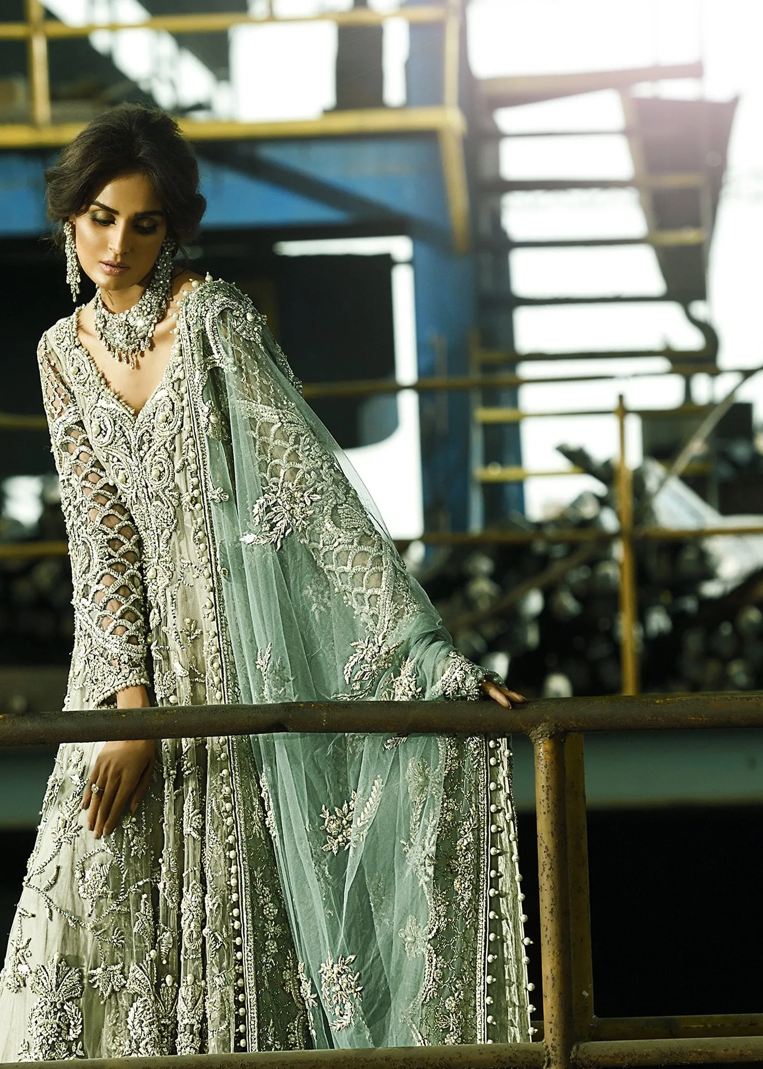 Latest bridal waleema dress for wedding wear in mint green color # B3399