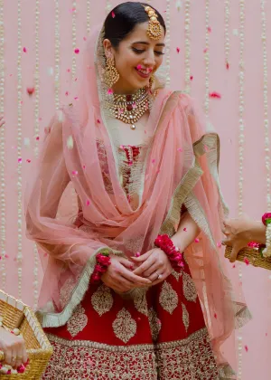 Latest Indian embroidered skirt dress in red color for wedding wear # B3410