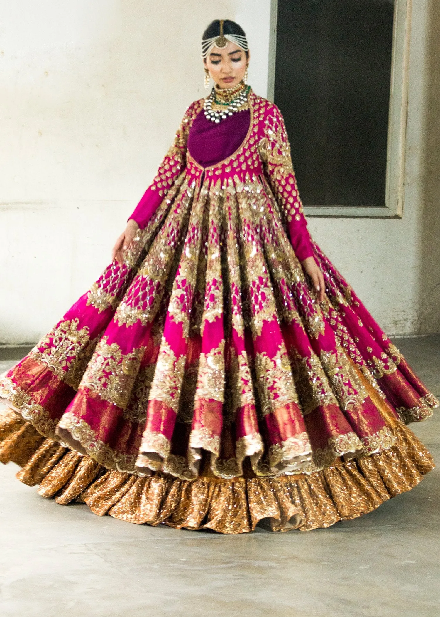 Latest organza embroidered peshwaz for wedding wear in pink color # B3395