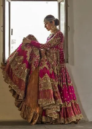 Latest organza embroidered peshwaz for wedding wear in pink color # B3395