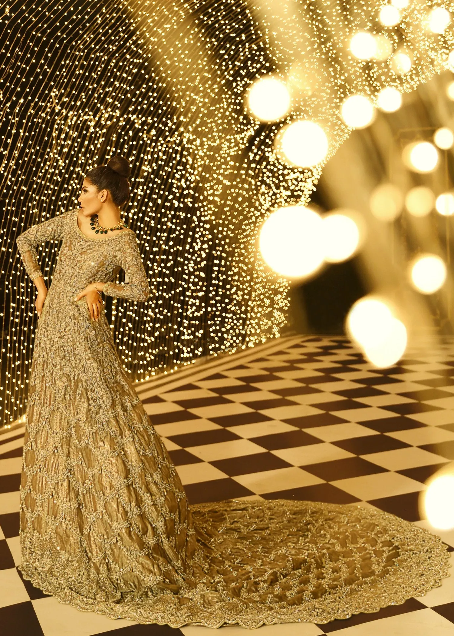 Latest Pakistani embroidered bridal maxi in copper silver color # B3371