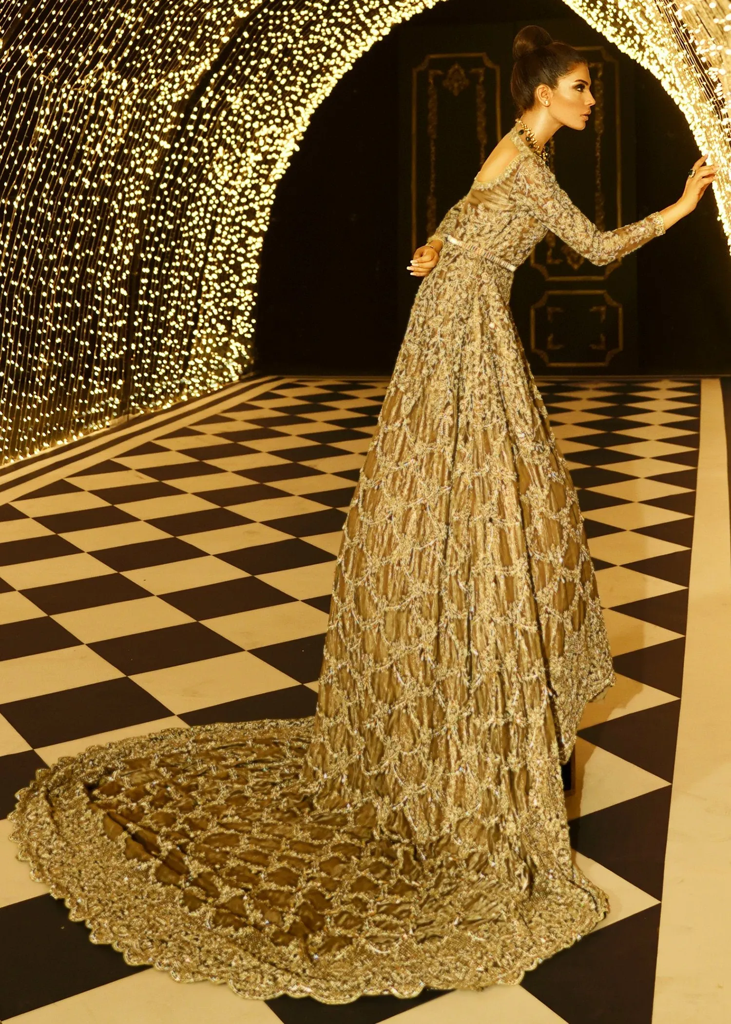 Latest Pakistani embroidered bridal maxi in copper silver color # B3371