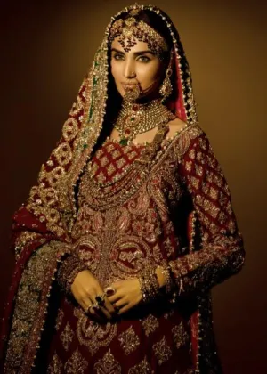 Latest Pakistani embroidered lehnga in gold and maroon color # B3376