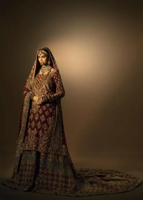 Latest Pakistani embroidered lehnga in gold and maroon color # B3376