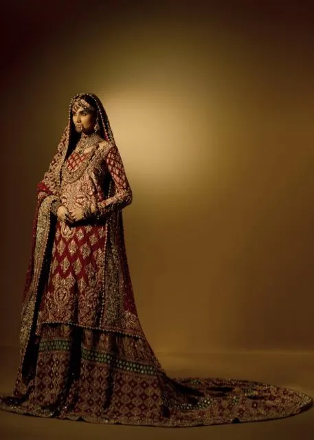 Latest Pakistani embroidered lehnga in gold and maroon color # B3376