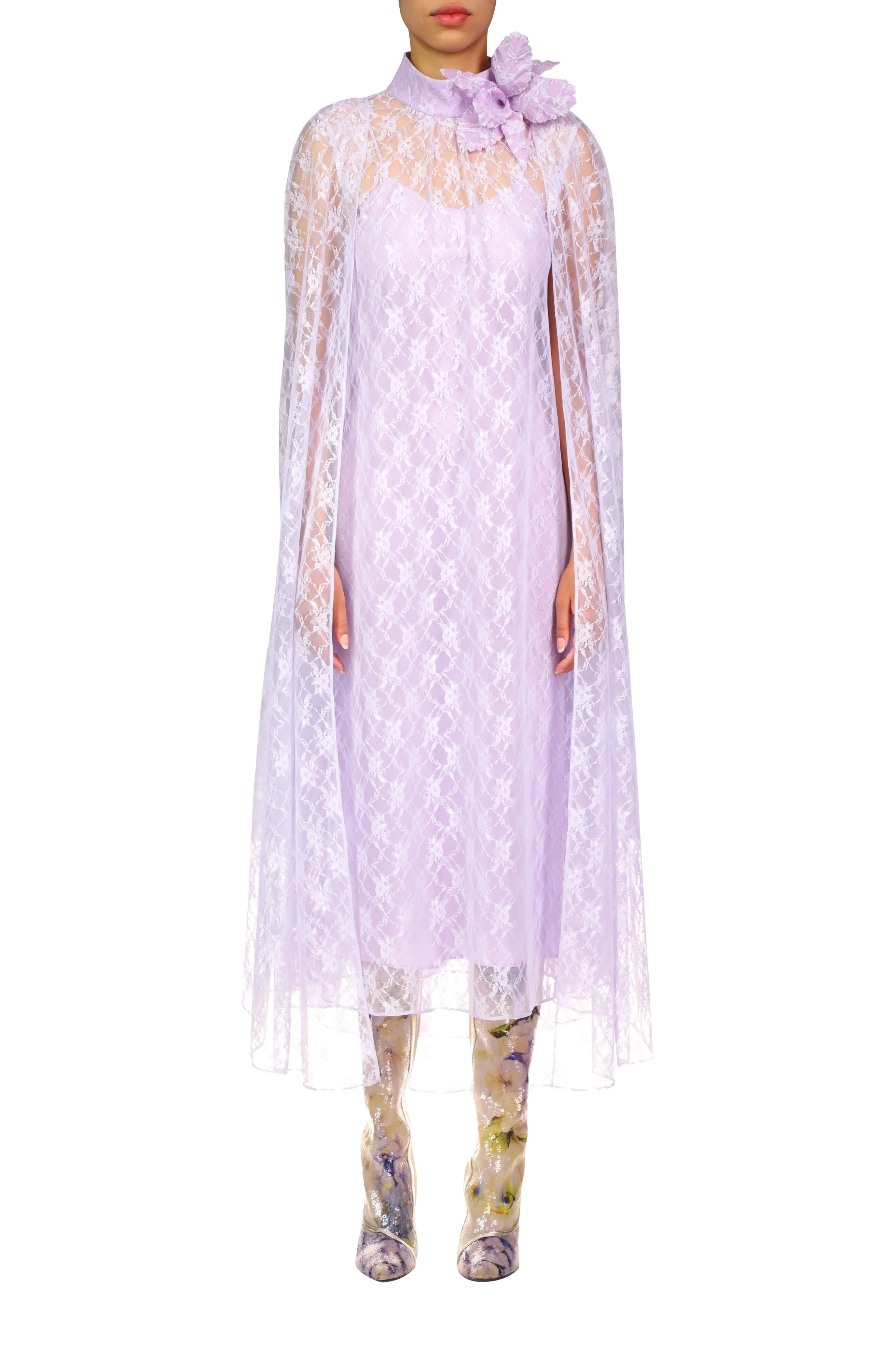 Lavender Floral Lace Cape Dress