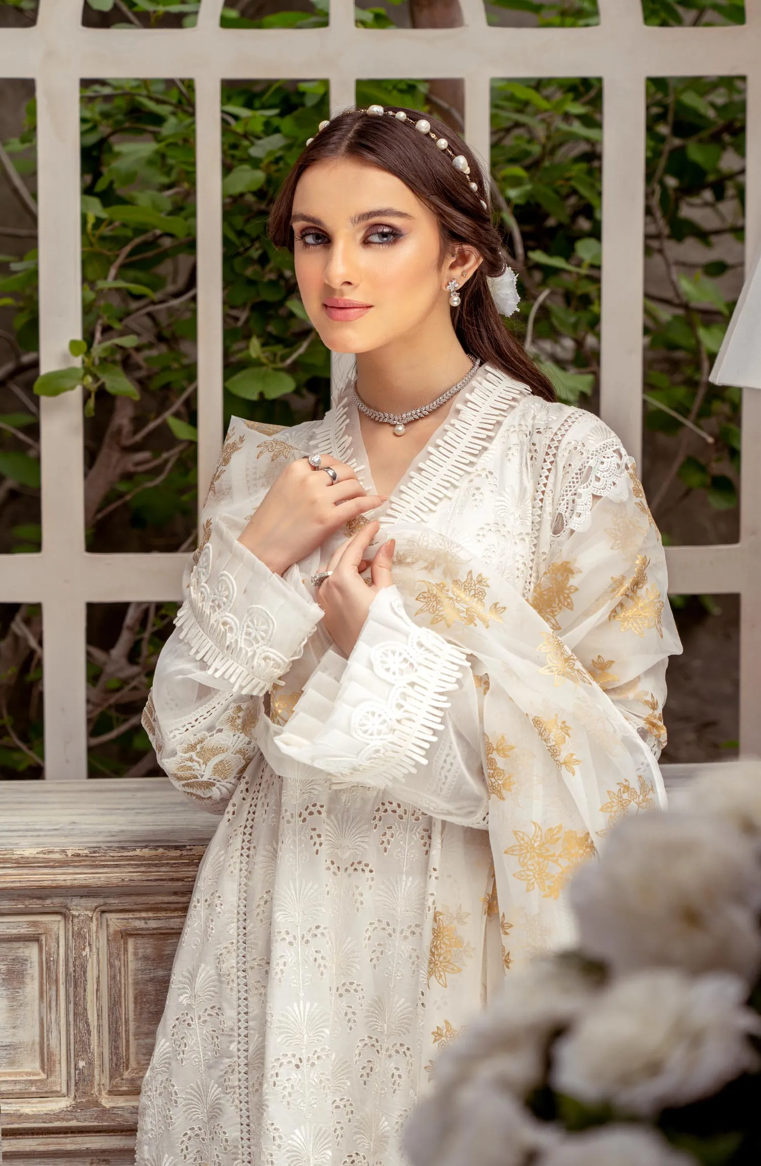 Lawn Kameez with Flared Cotton Trousers and Dupatta