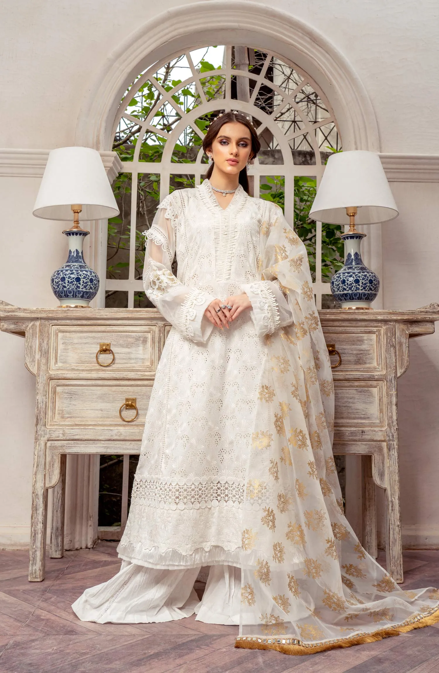 Lawn Kameez with Flared Cotton Trousers and Dupatta