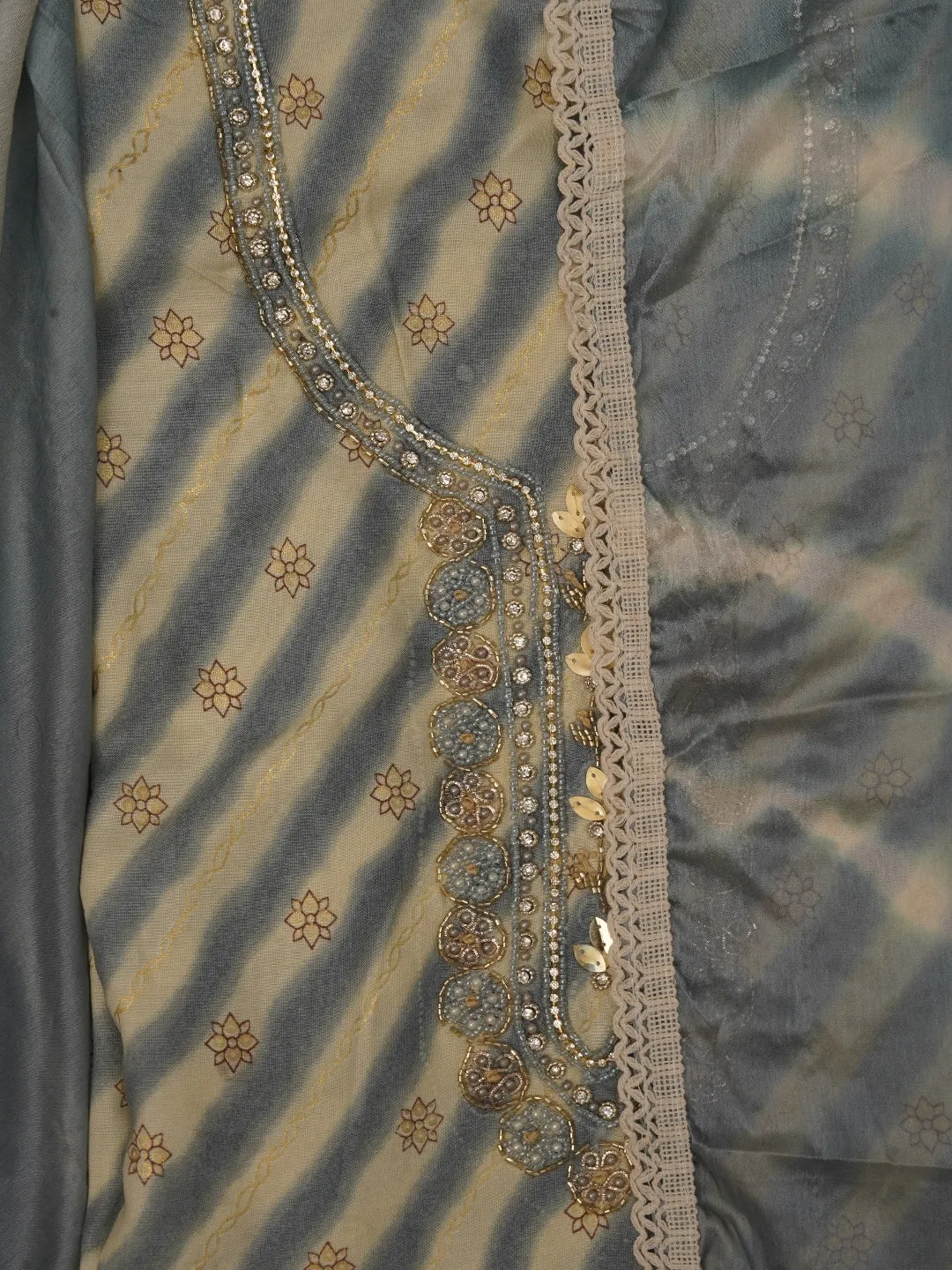 Leheriya Printed Multicolor Embroidered Dress Material with Dupatta