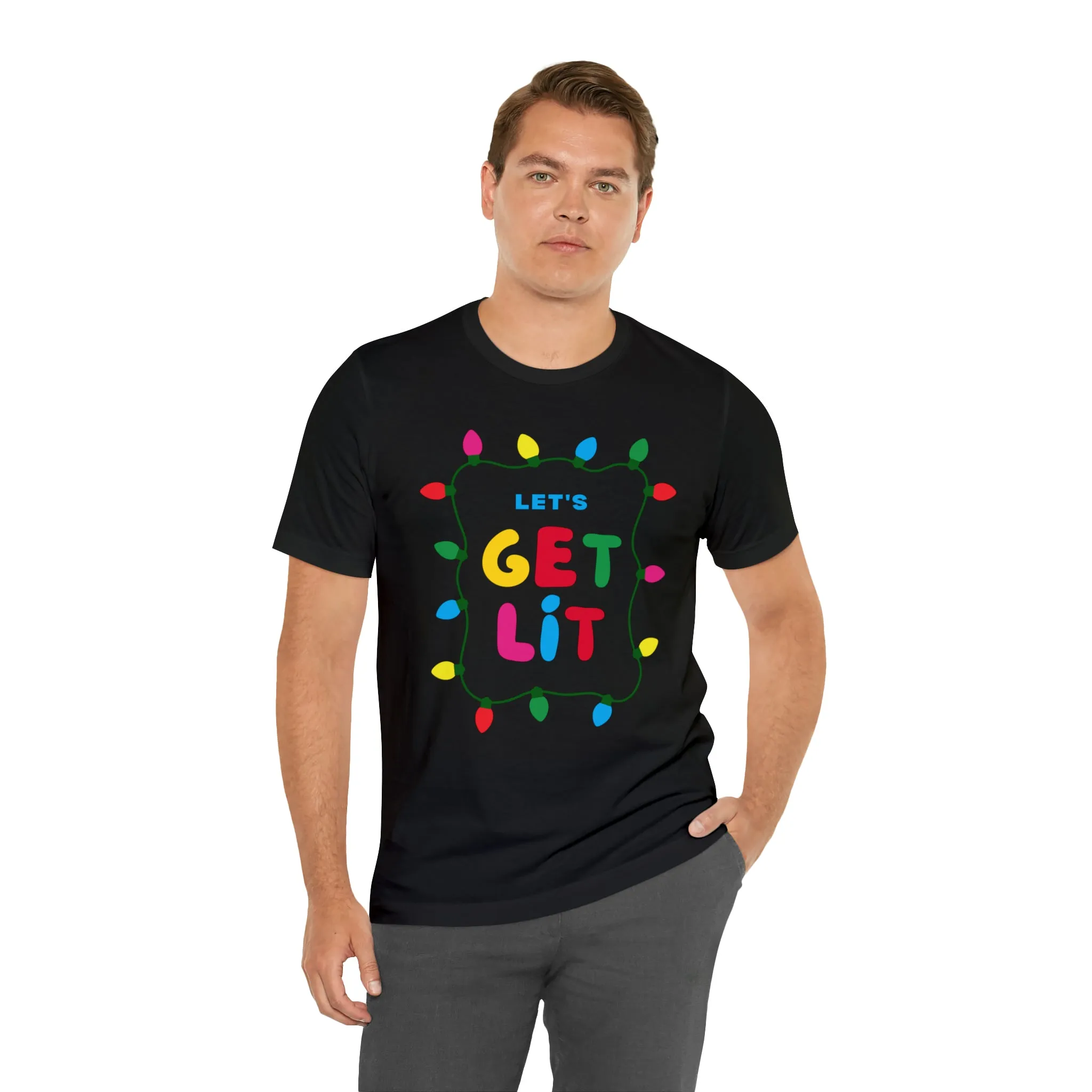 Let's Get Lit Christmas T-Shirt | Funny XMas Tee |  Bella Canvas 3001 Unisex | Happy Holidays Short Sleeve Tshirt