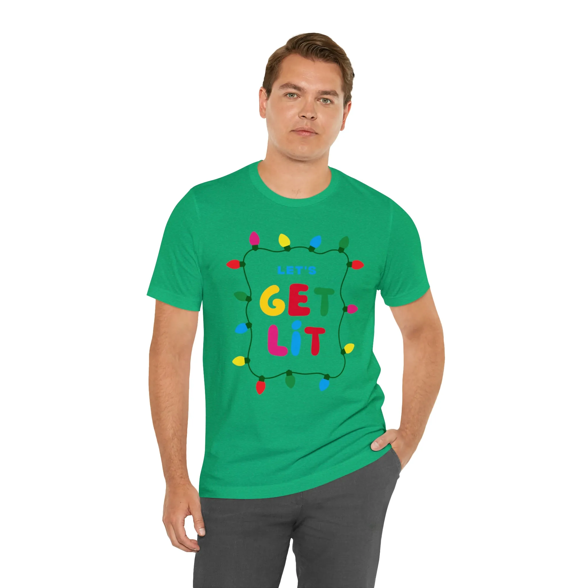 Let's Get Lit Christmas T-Shirt | Funny XMas Tee |  Bella Canvas 3001 Unisex | Happy Holidays Short Sleeve Tshirt