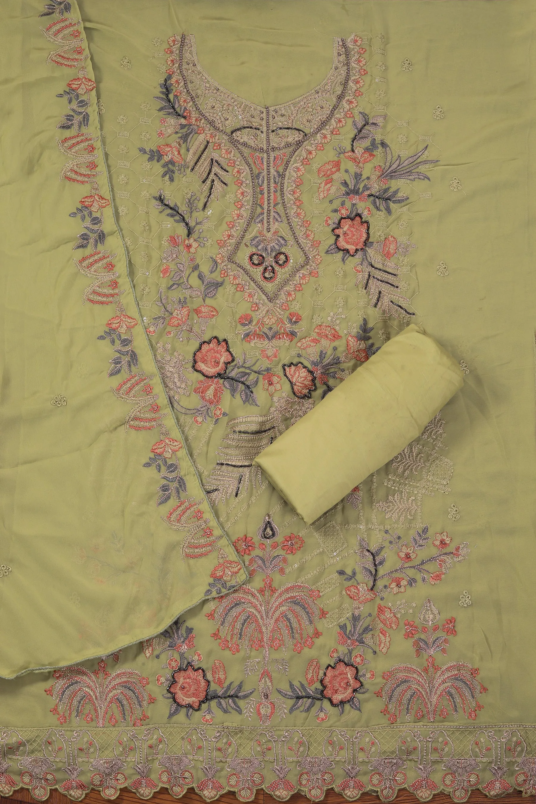 Light Green Heavy Embroidered Poly Georgette Dress Material with Dupatta