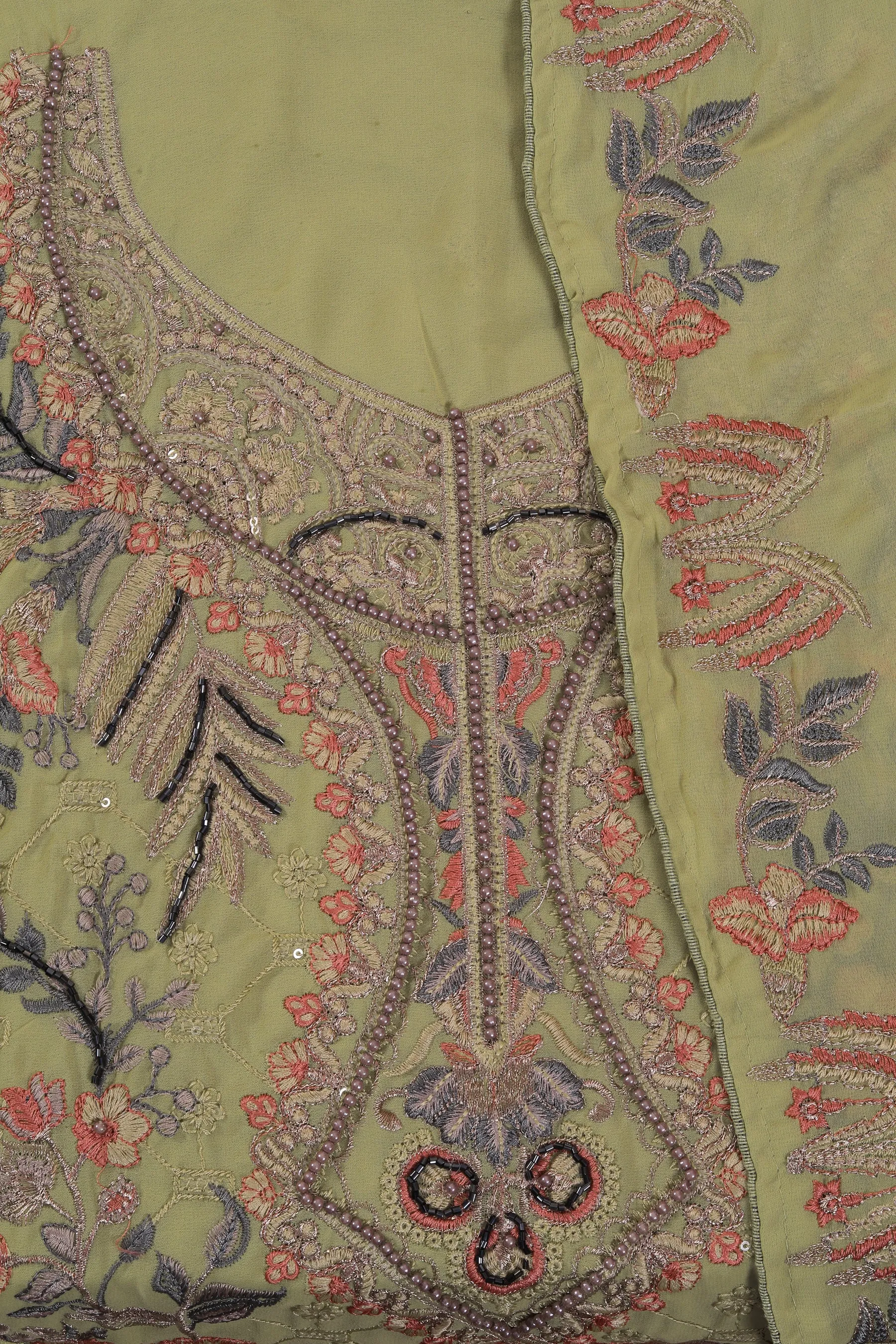 Light Green Heavy Embroidered Poly Georgette Dress Material with Dupatta