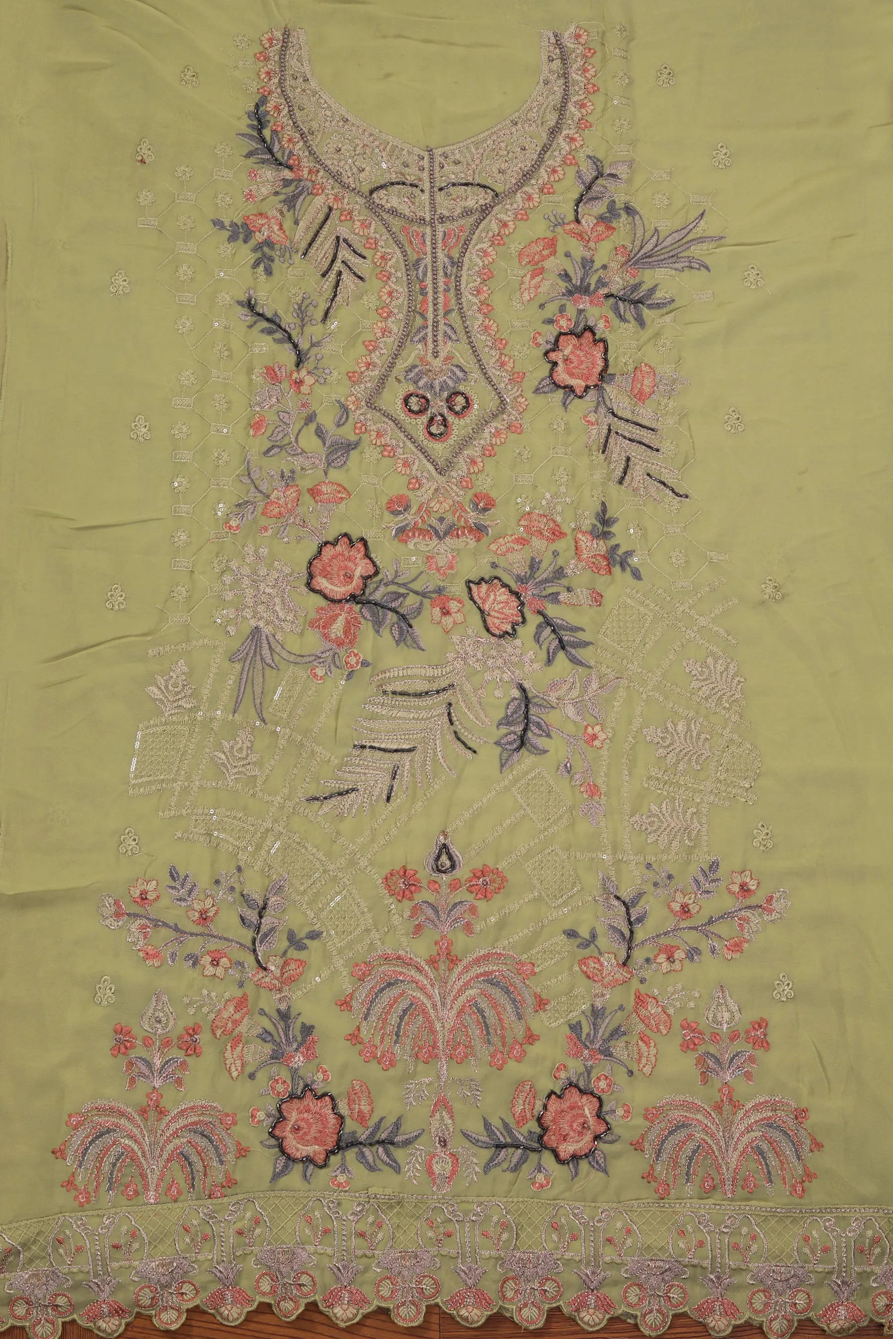 Light Green Heavy Embroidered Poly Georgette Dress Material with Dupatta