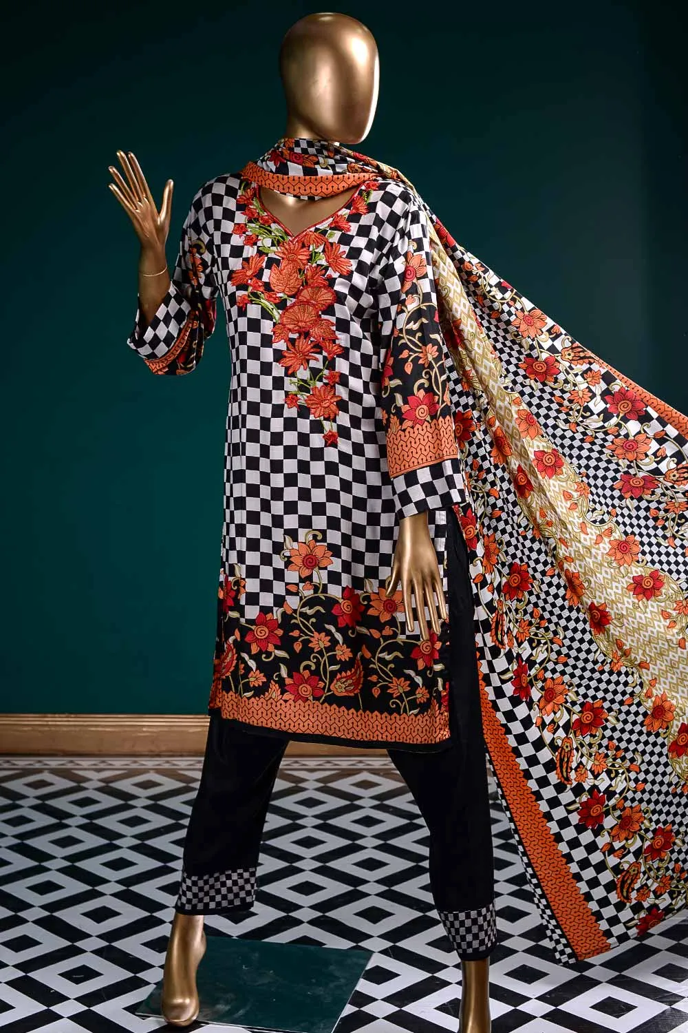 LL-4A - Chequered Mix  |  Unstitched Printed & Embroidered Linen Dress