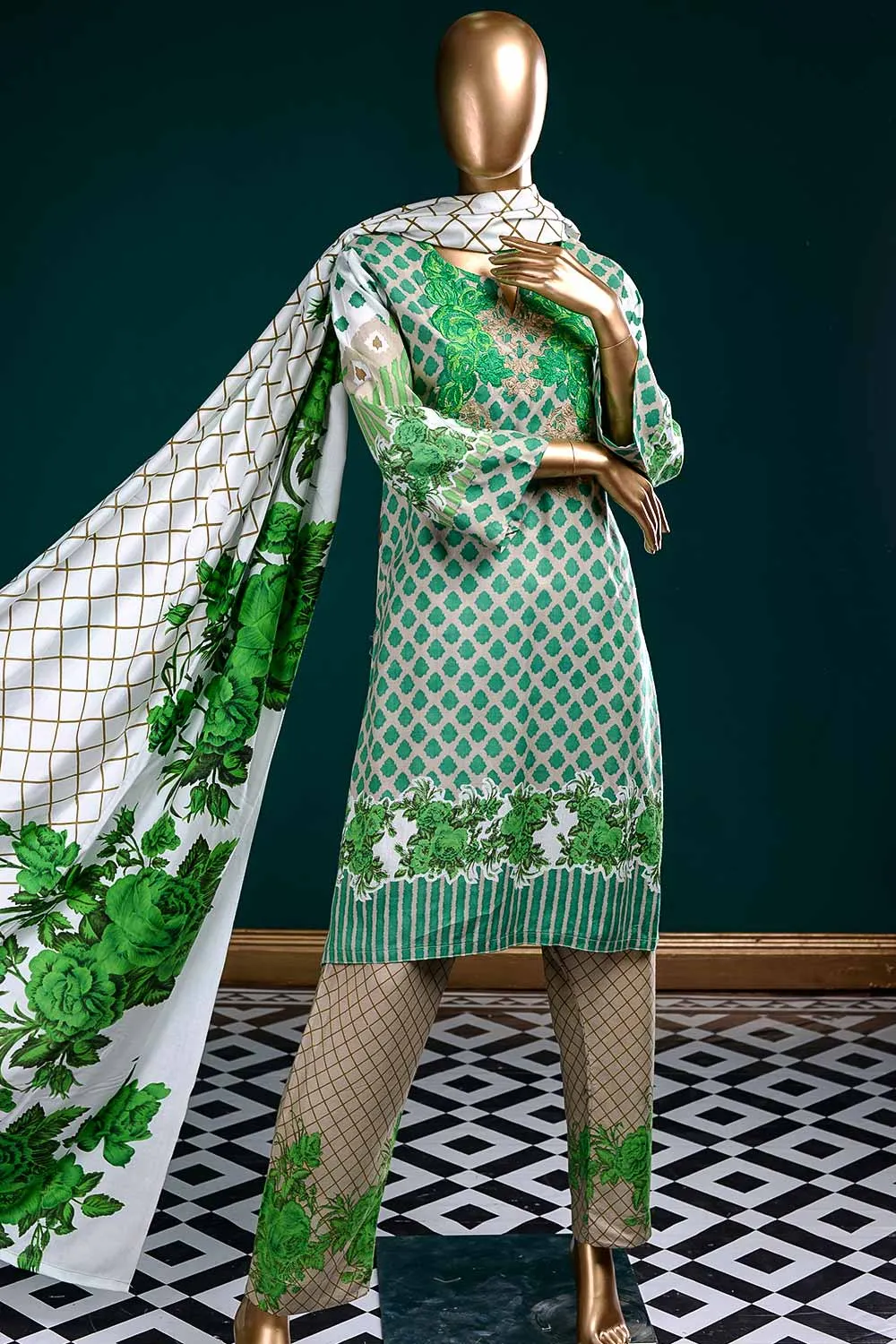 LL-5B - Wild Rose  |  Unstitched Printed & Embroidered Linen Dress