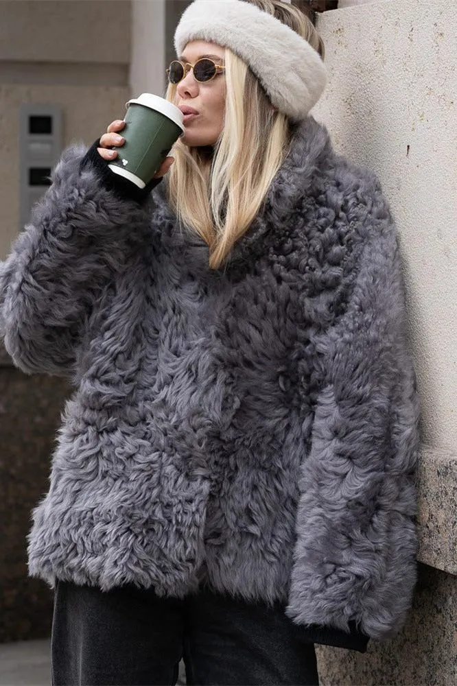 Loose buttoned artificial fur coat