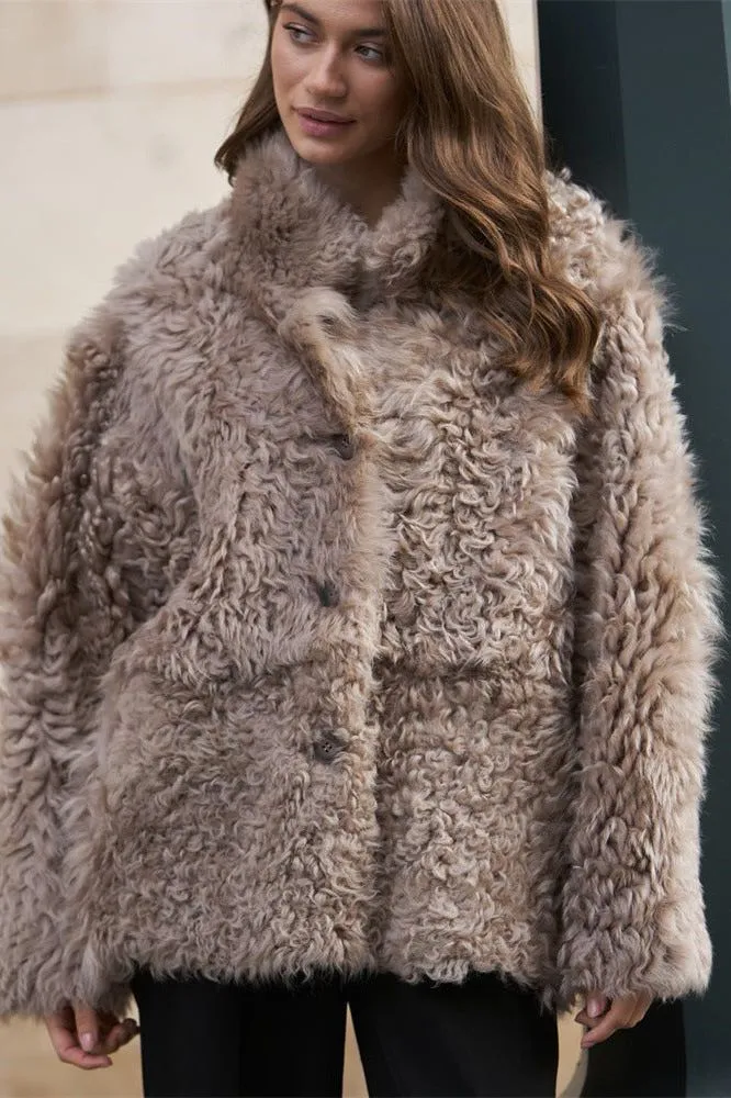 Loose buttoned artificial fur coat