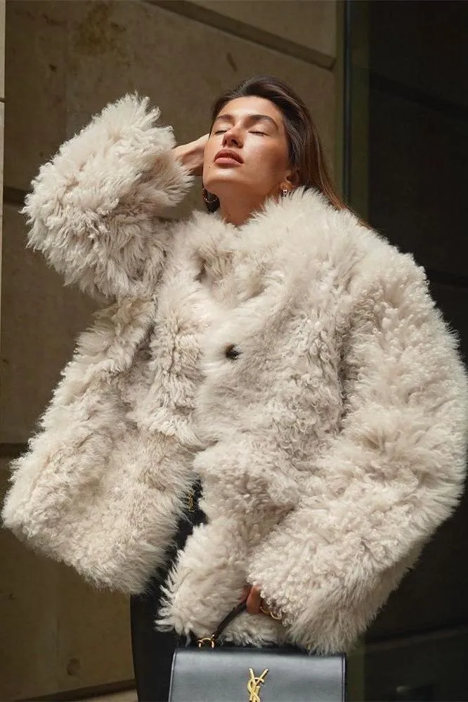 Loose buttoned artificial fur coat