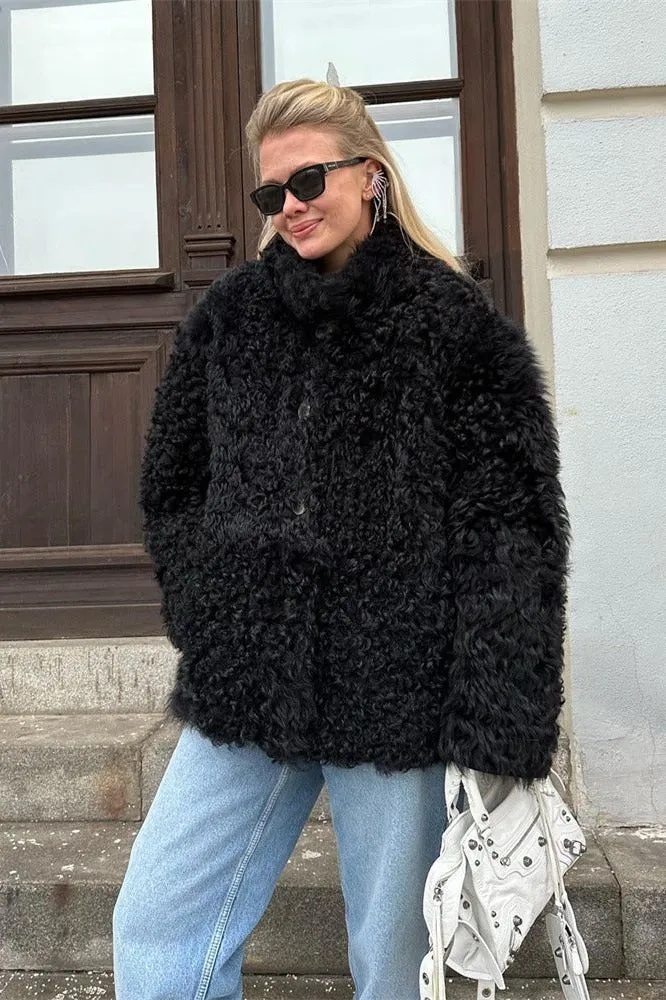 Loose buttoned artificial fur coat