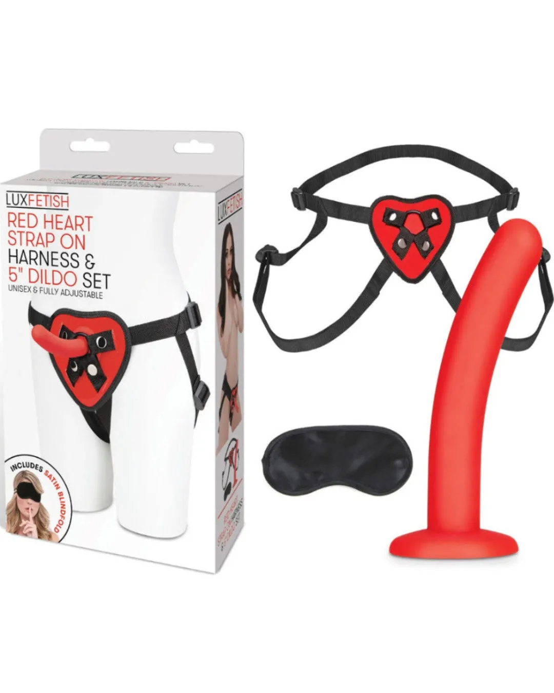 Lux Fetish Heart Strap On Harness & Dildo Set with Adjustable Fit and Satin Blindfold, 5 Inch Dildo