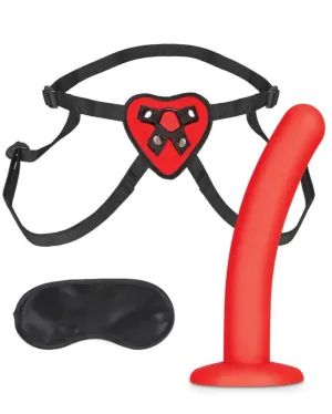 Lux Fetish Heart Strap On Harness & Dildo Set with Adjustable Fit and Satin Blindfold, 5 Inch Dildo