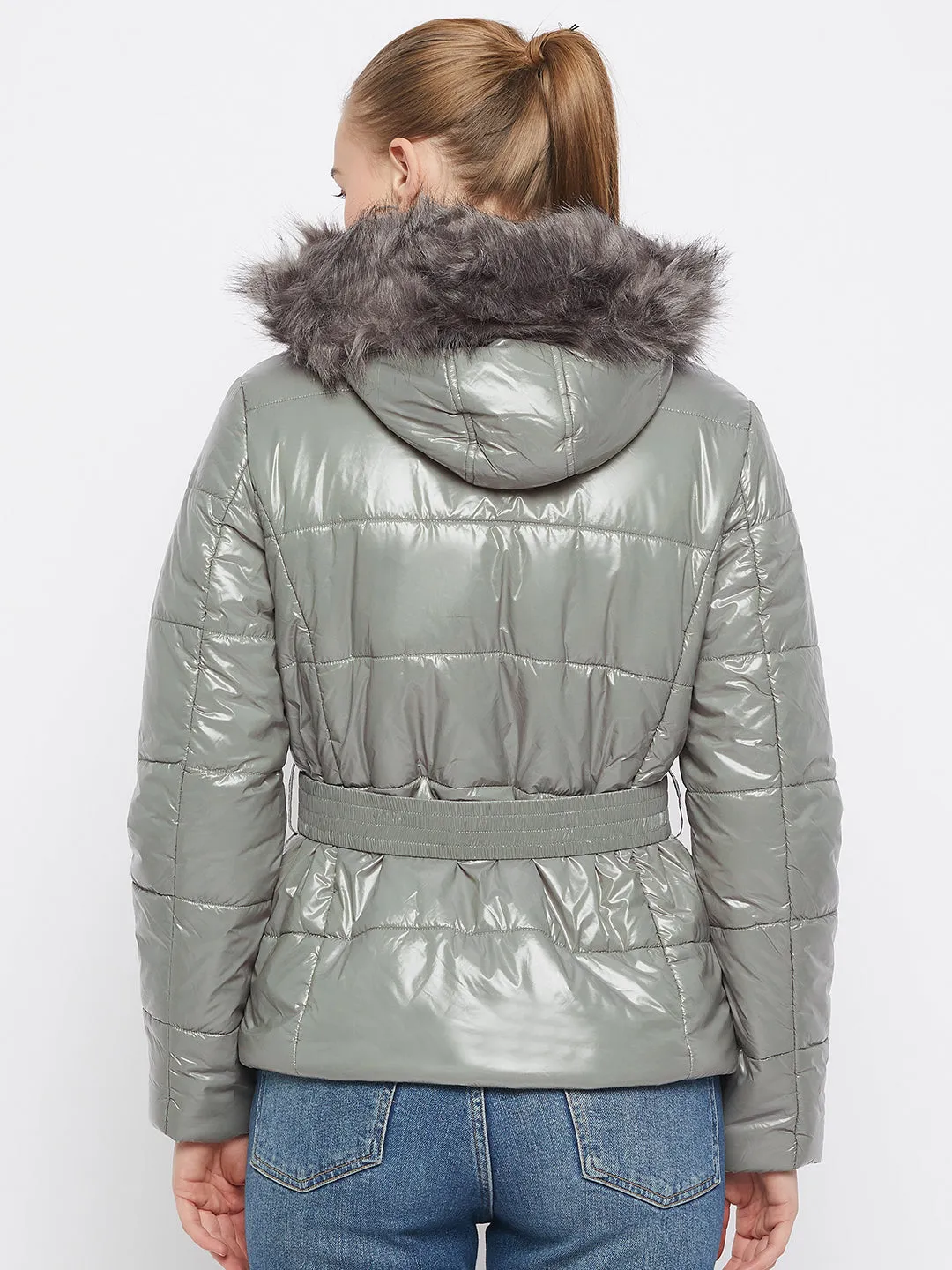 Madame Belted Waist Glossy Pista Green Puffer Jacket