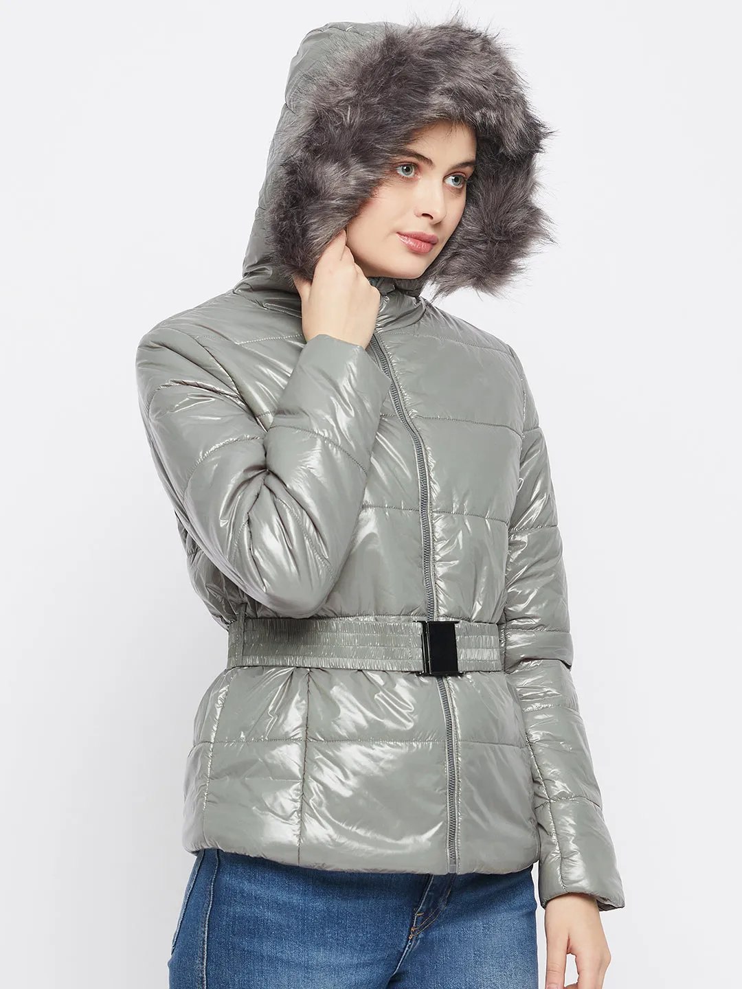 Madame Belted Waist Glossy Pista Green Puffer Jacket