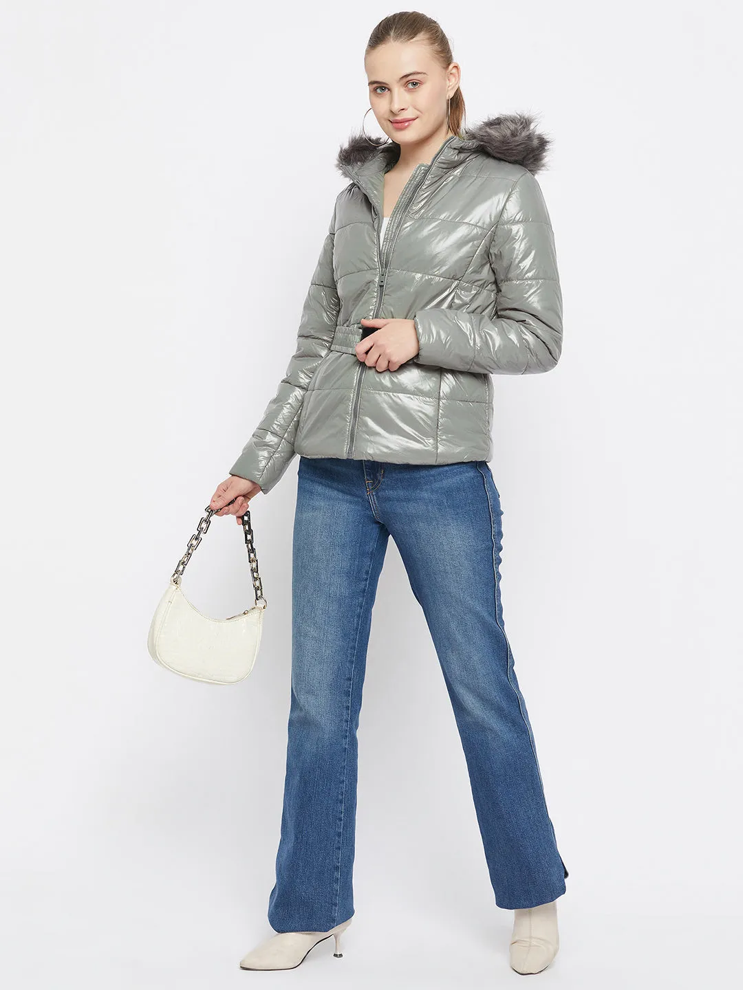 Madame Belted Waist Glossy Pista Green Puffer Jacket