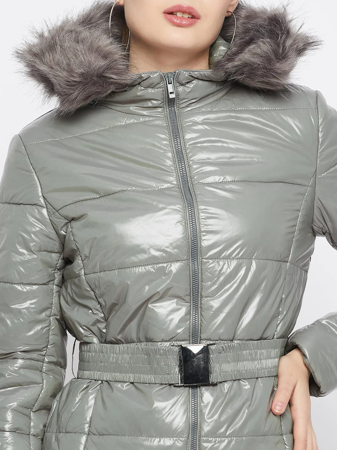 Madame Belted Waist Glossy Pista Green Puffer Jacket