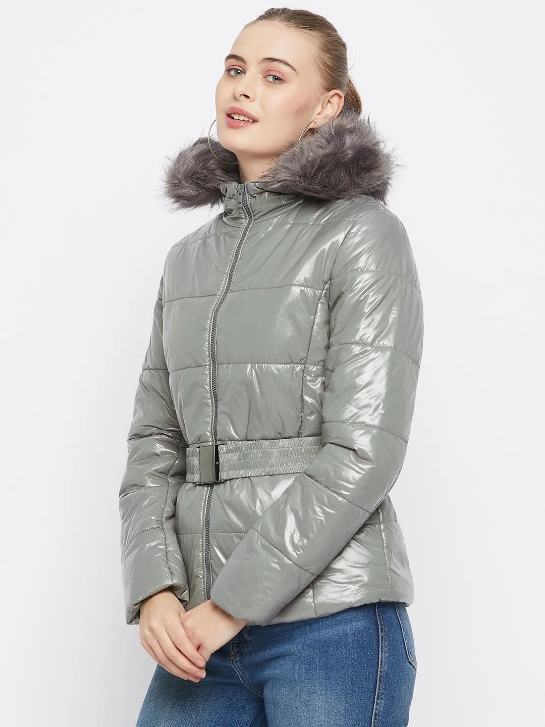 Madame Belted Waist Glossy Pista Green Puffer Jacket