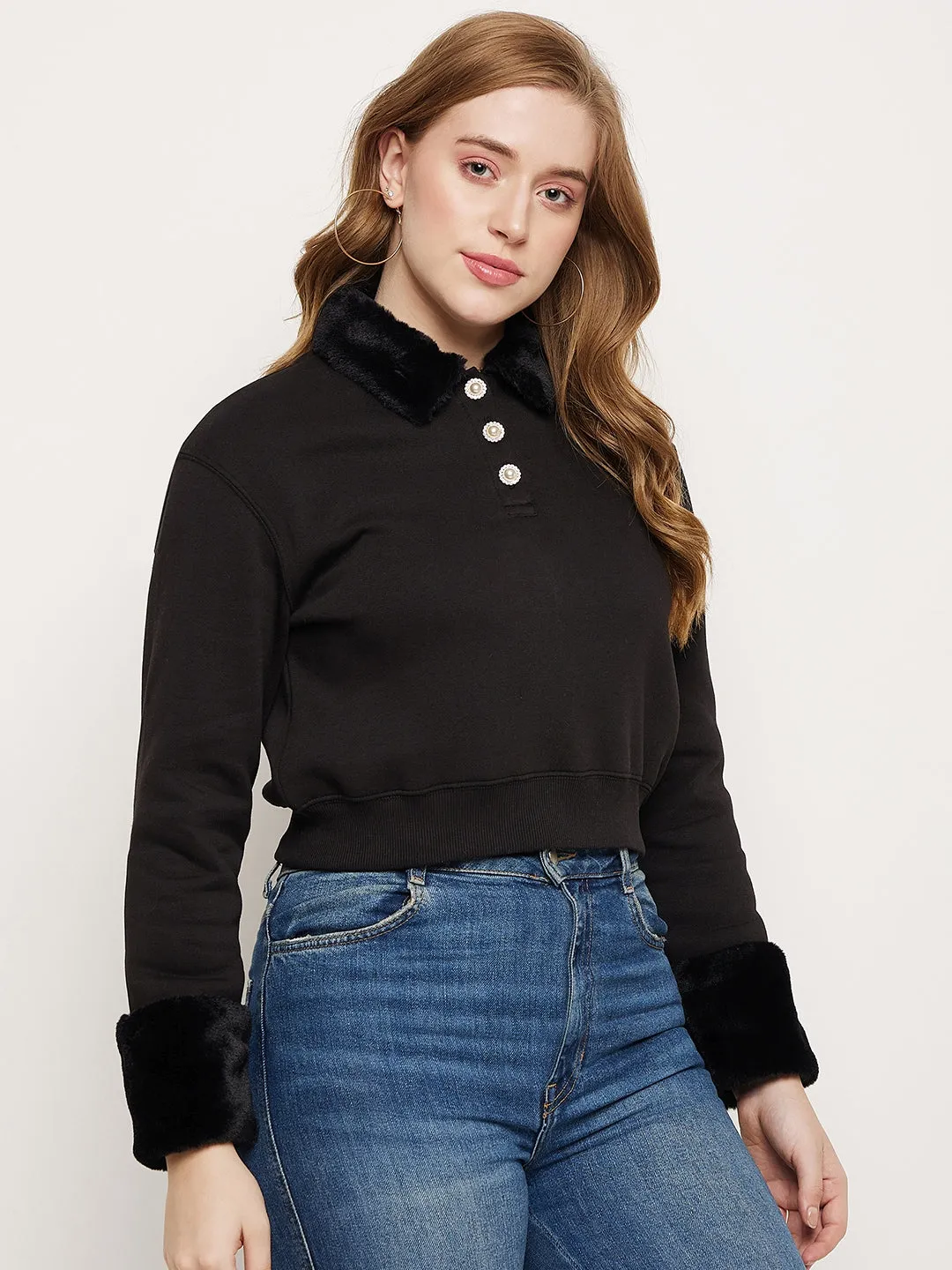 Madame Black Faux Fur Collared Crop Sweatshirt