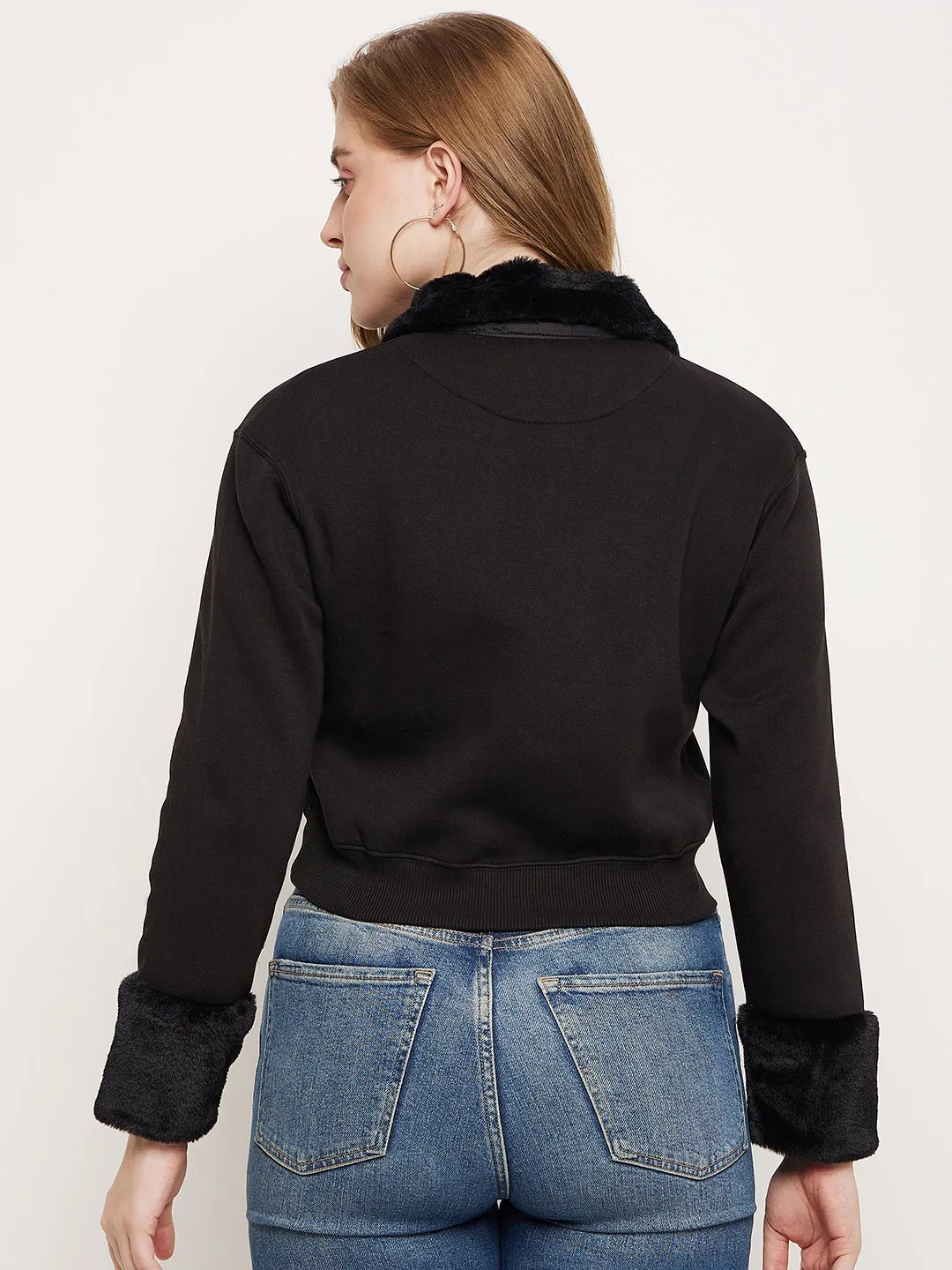 Madame Black Faux Fur Collared Crop Sweatshirt