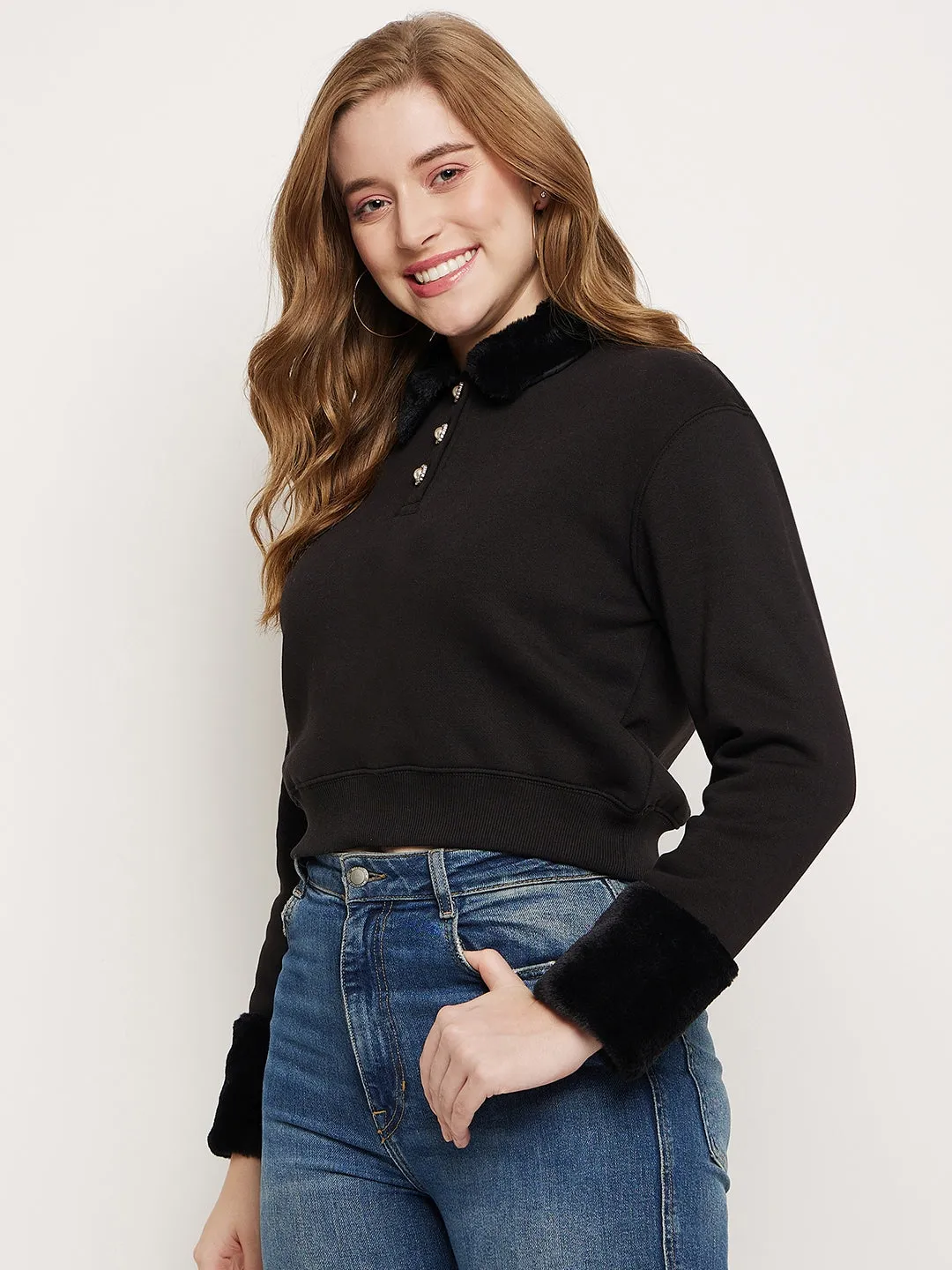 Madame Black Faux Fur Collared Crop Sweatshirt