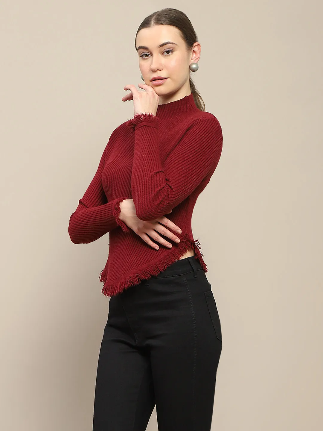 Madame Fur Cuffs and Hem Wine Red Sweater