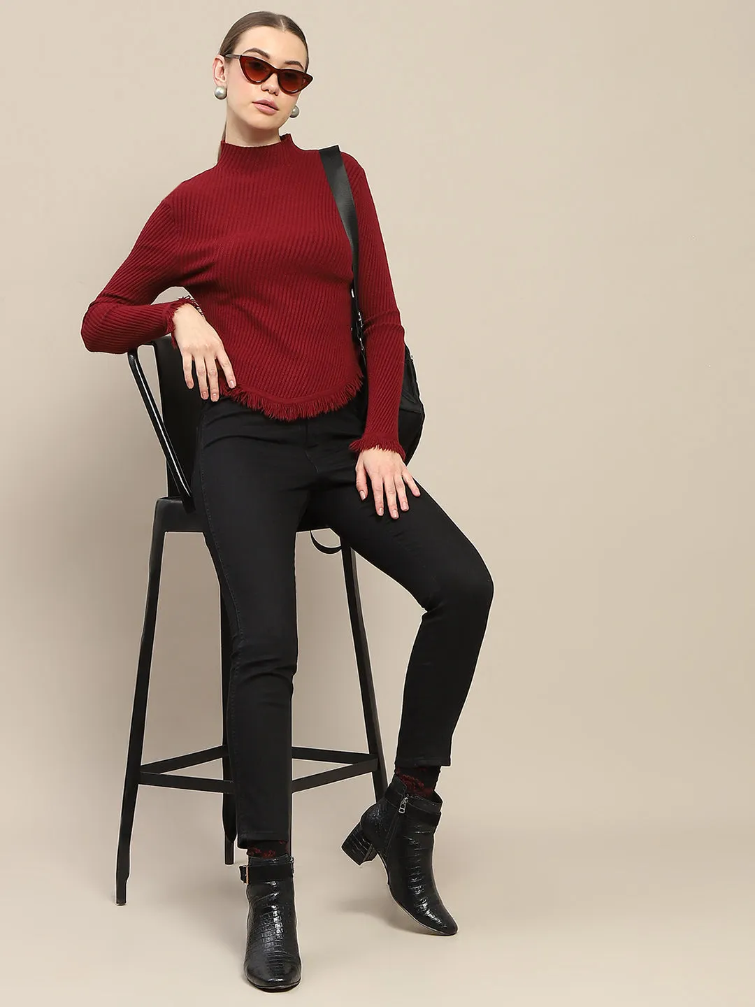 Madame Fur Cuffs and Hem Wine Red Sweater