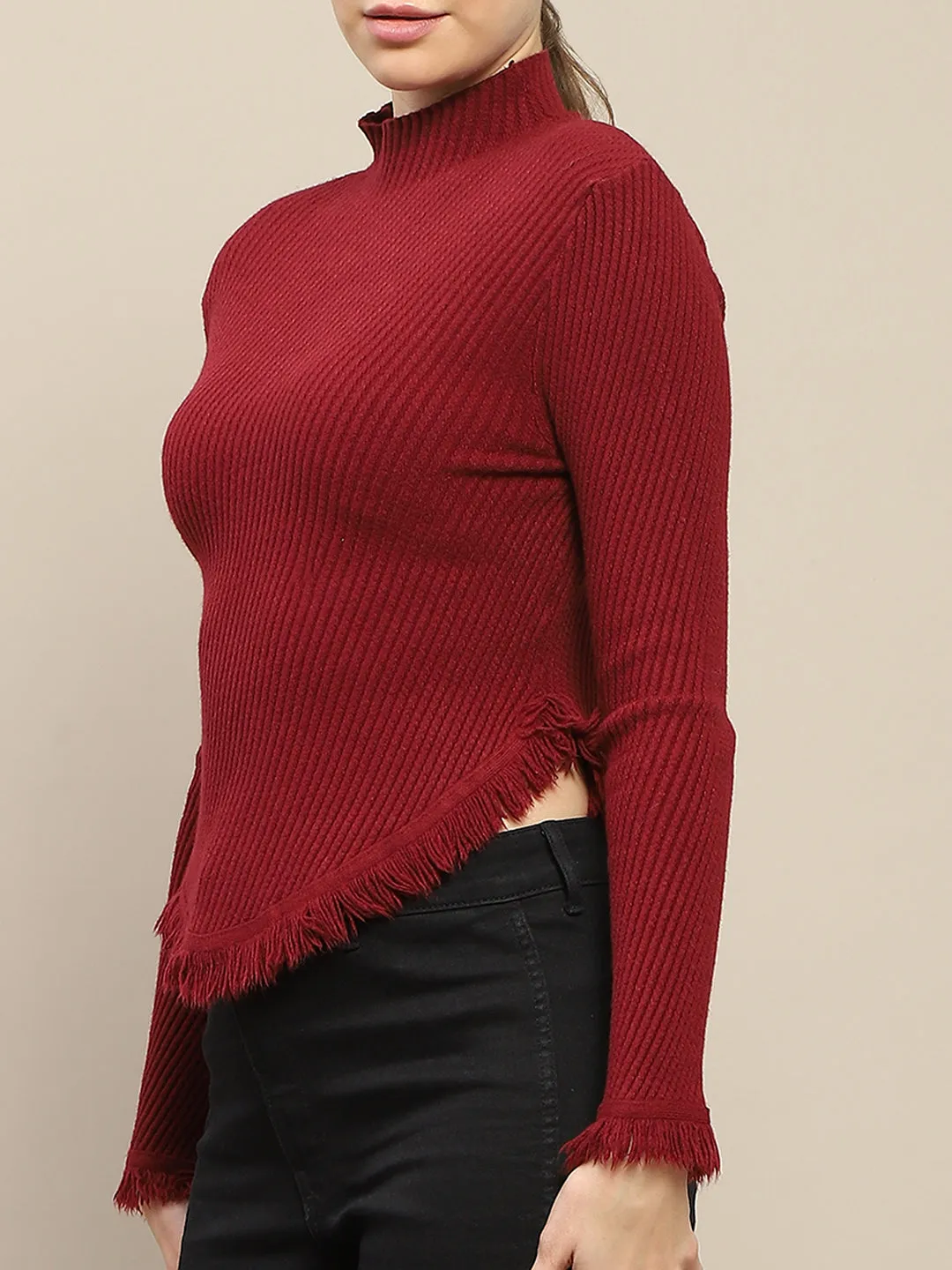 Madame Fur Cuffs and Hem Wine Red Sweater