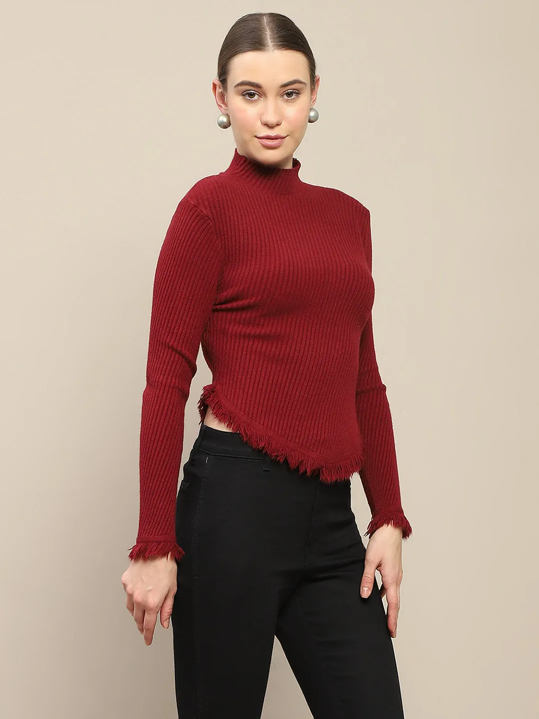 Madame Fur Cuffs and Hem Wine Red Sweater