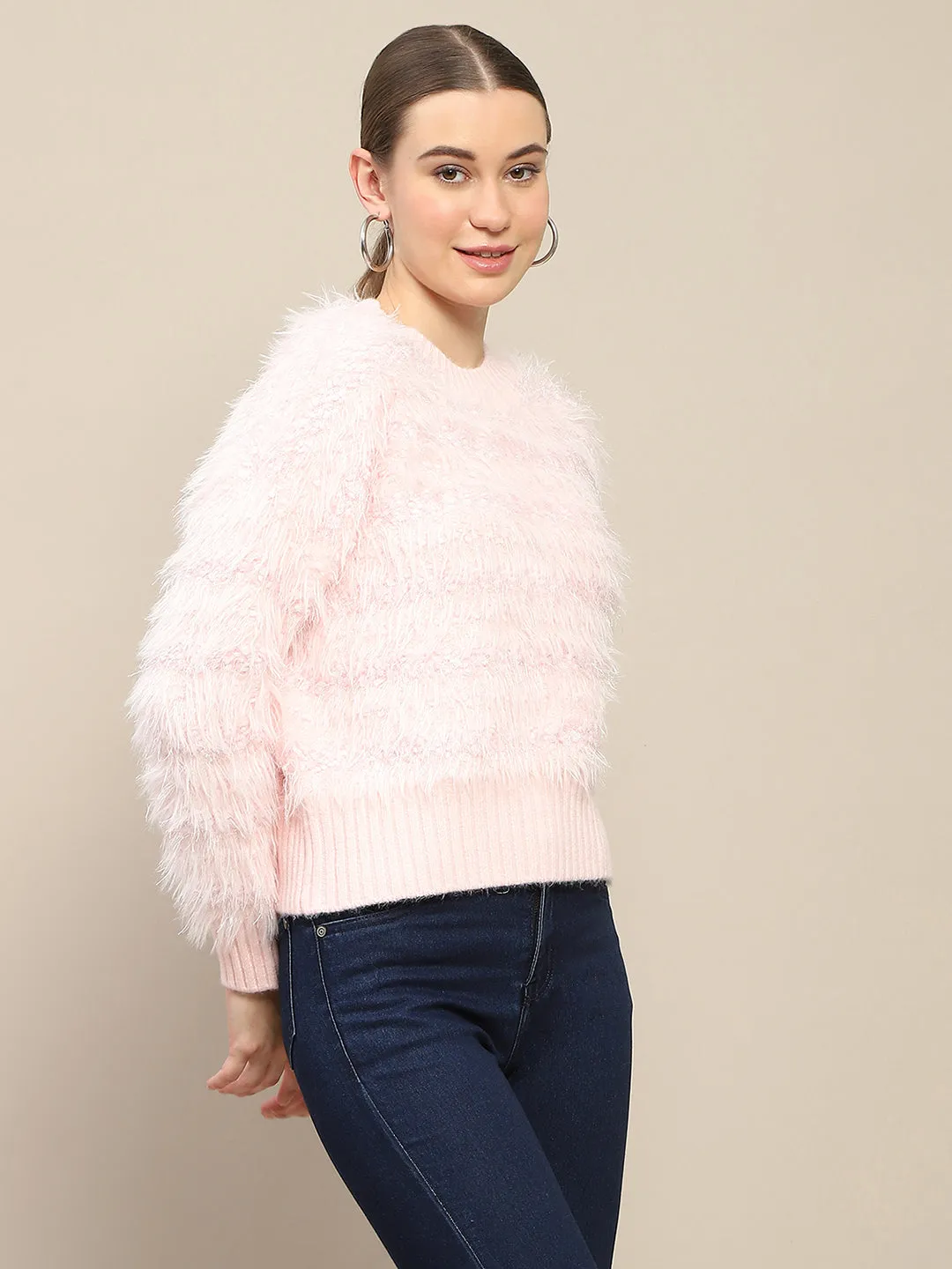 Madame Nylon Faux Fur Peach Full Sleeve Sweater