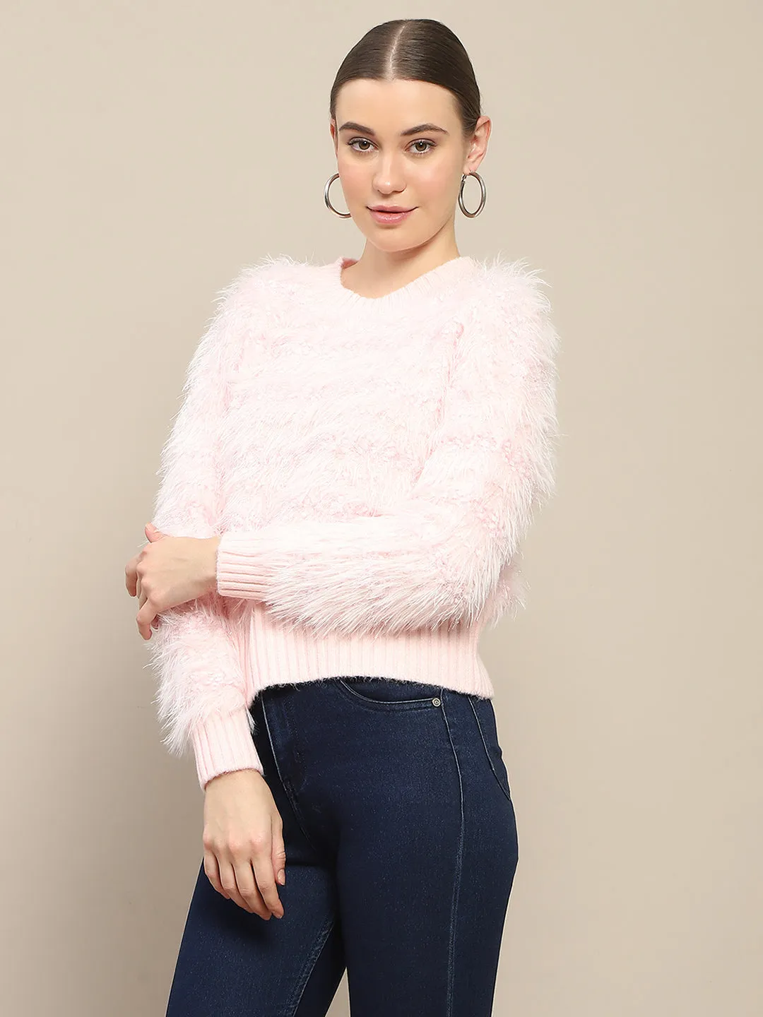 Madame Nylon Faux Fur Peach Full Sleeve Sweater