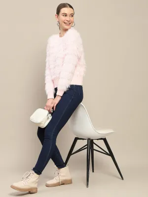 Madame Nylon Faux Fur Peach Full Sleeve Sweater