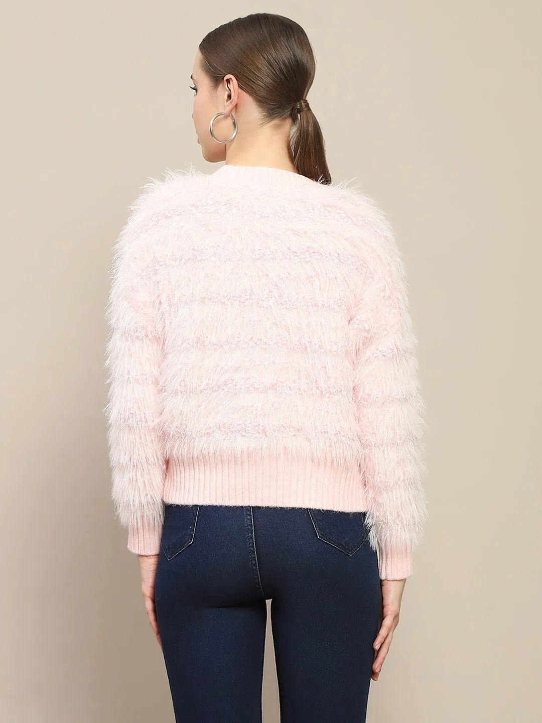 Madame Nylon Faux Fur Peach Full Sleeve Sweater