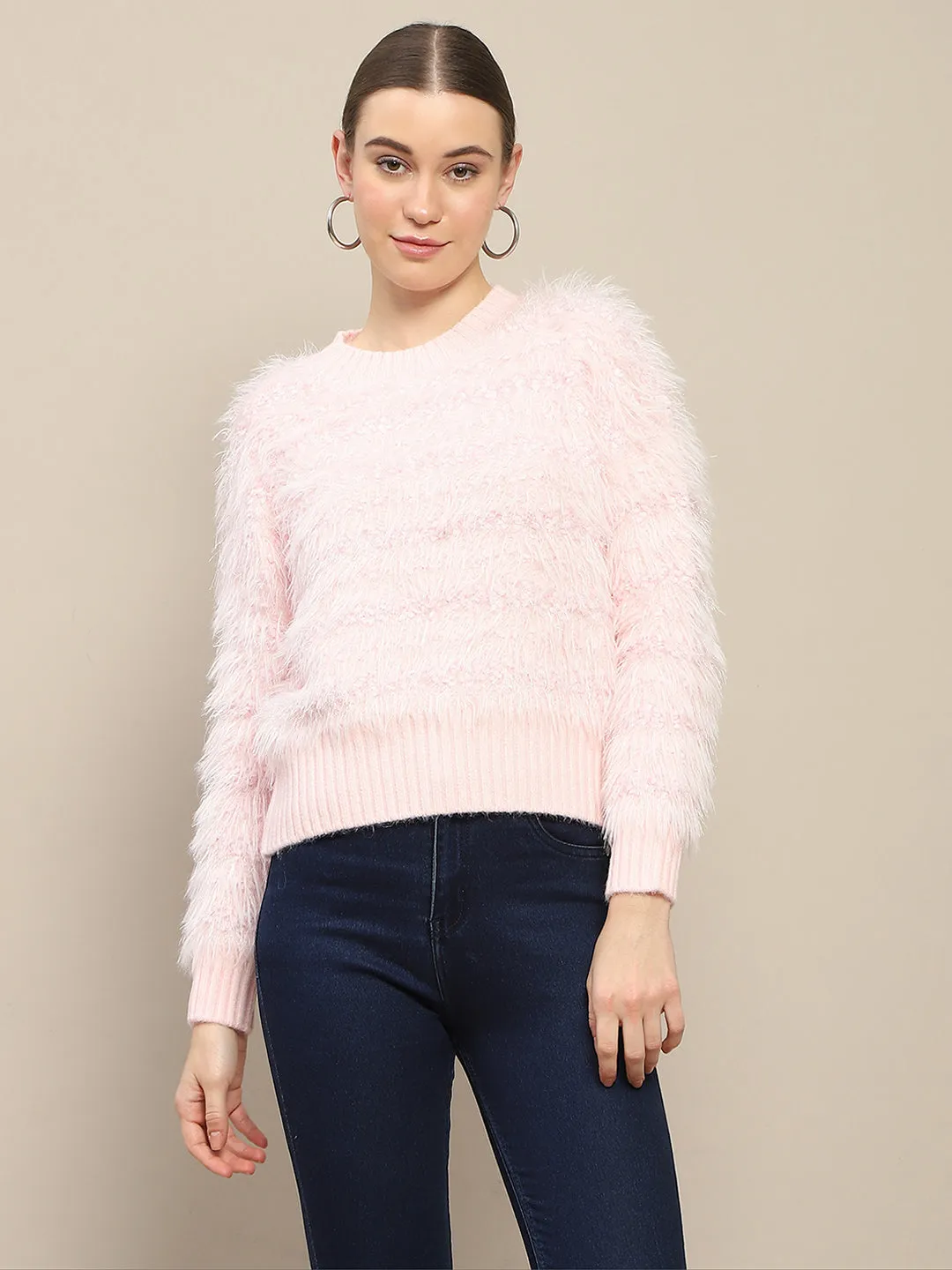Madame Nylon Faux Fur Peach Full Sleeve Sweater