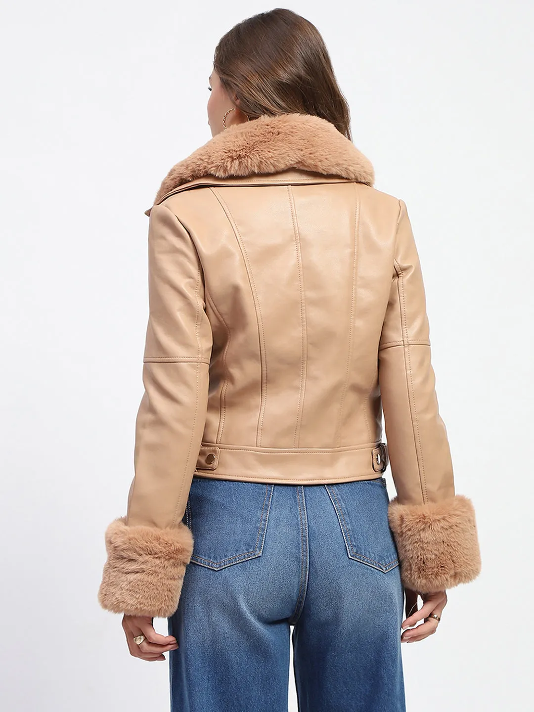 Madame Shanaya Kapoor Brown Faux Leather Jacket with Fur Collar and Cuffs
