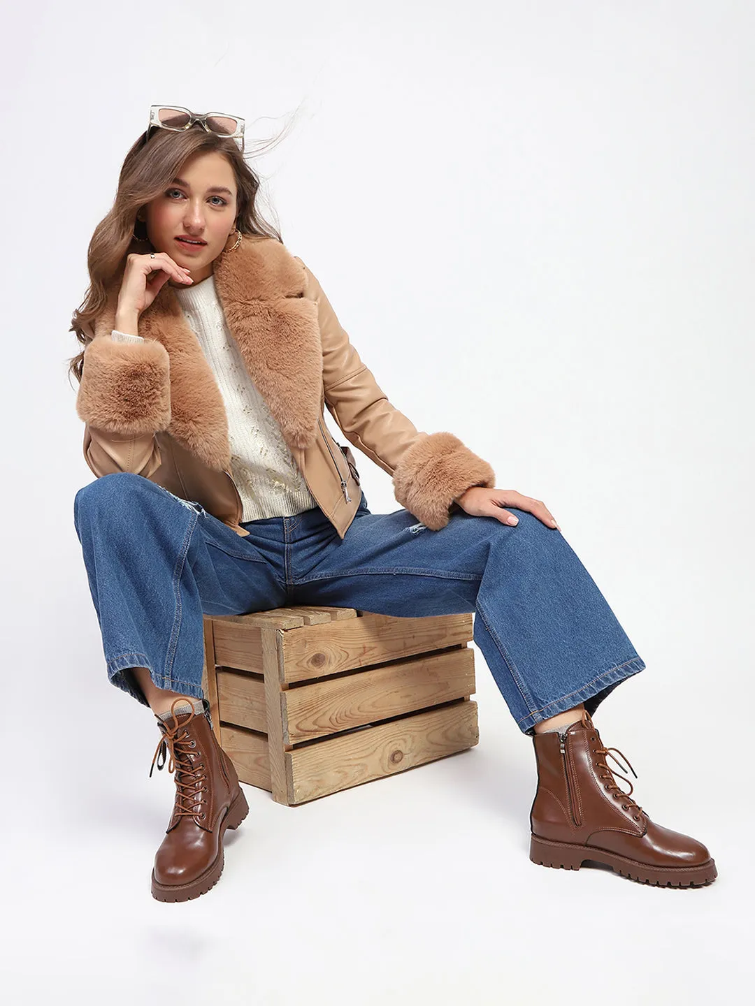 Madame Shanaya Kapoor Brown Faux Leather Jacket with Fur Collar and Cuffs