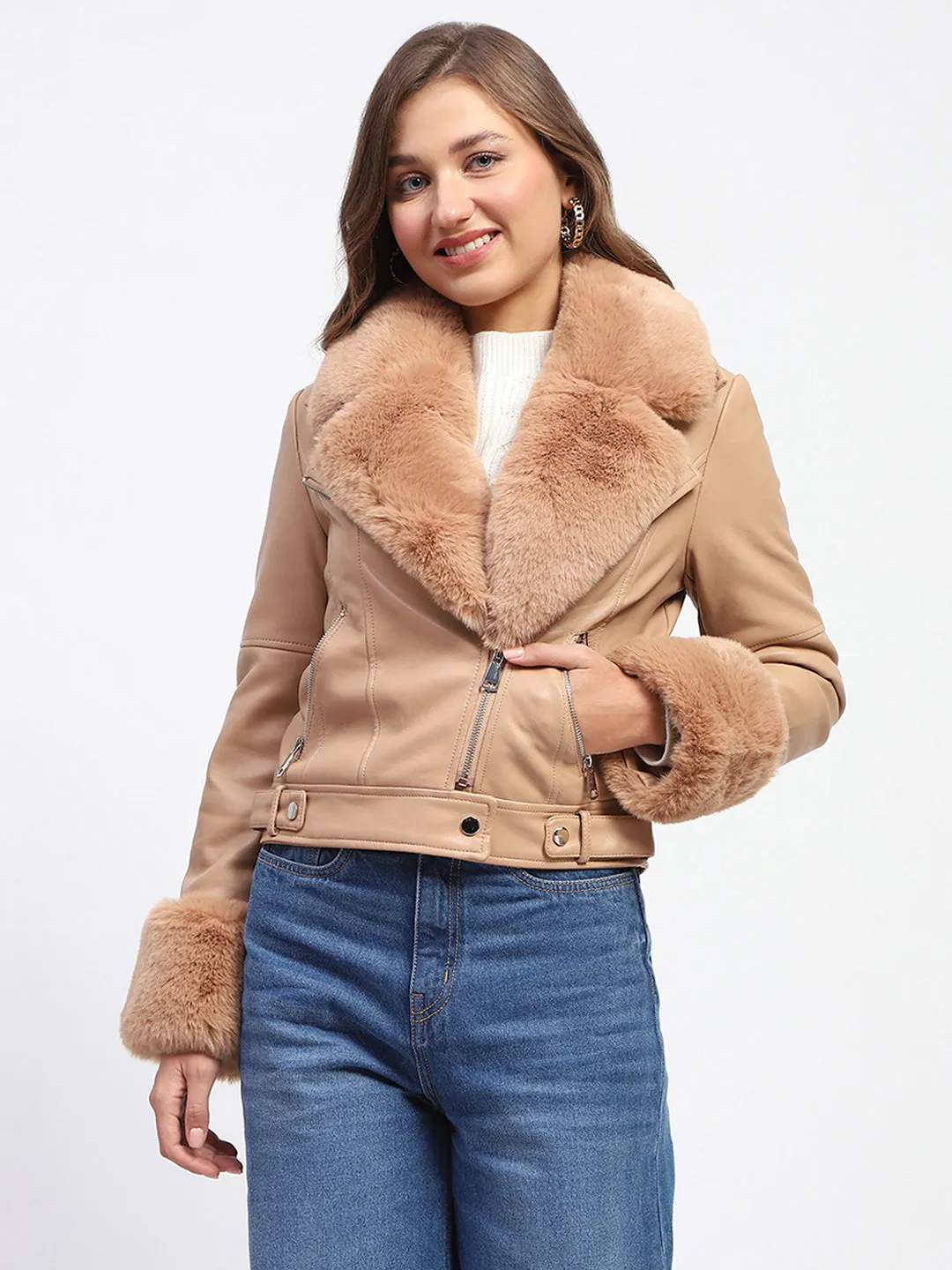 Madame Shanaya Kapoor Brown Faux Leather Jacket with Fur Collar and Cuffs