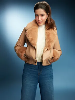 Madame Shanaya Kapoor Brown Faux Leather Jacket with Fur Collar and Cuffs