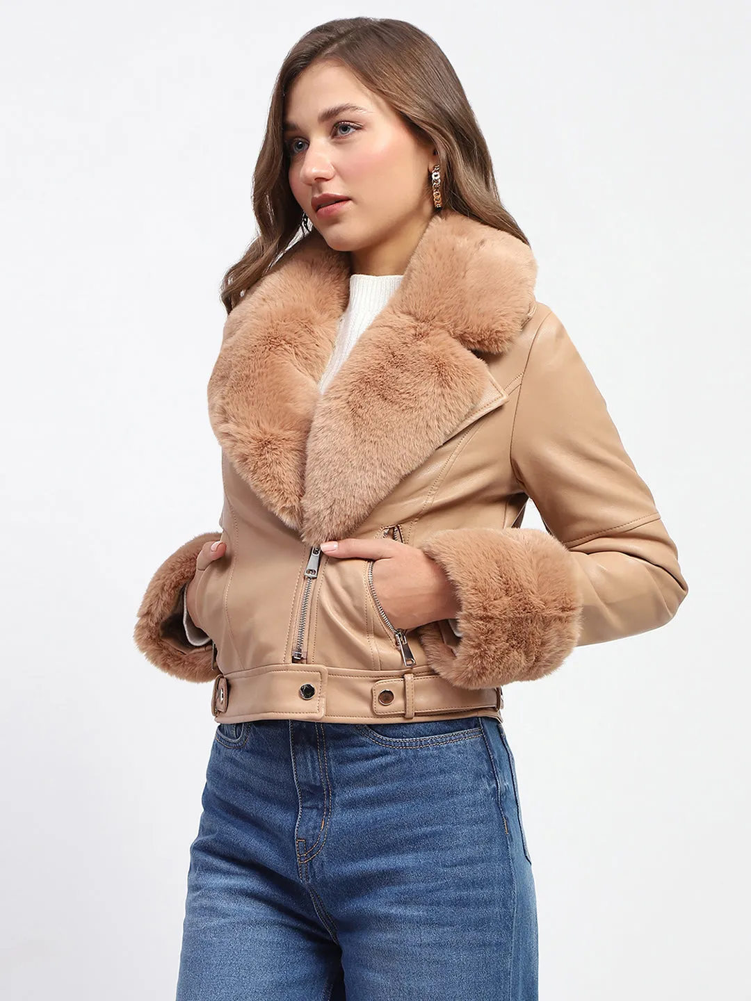 Madame Shanaya Kapoor Brown Faux Leather Jacket with Fur Collar and Cuffs