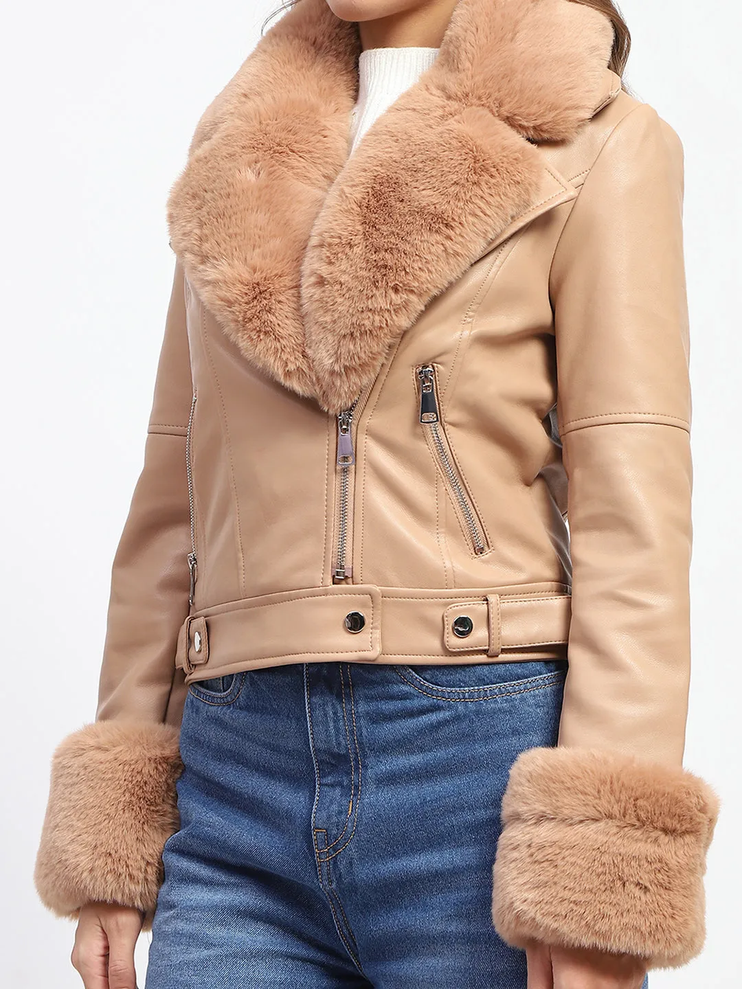Madame Shanaya Kapoor Brown Faux Leather Jacket with Fur Collar and Cuffs