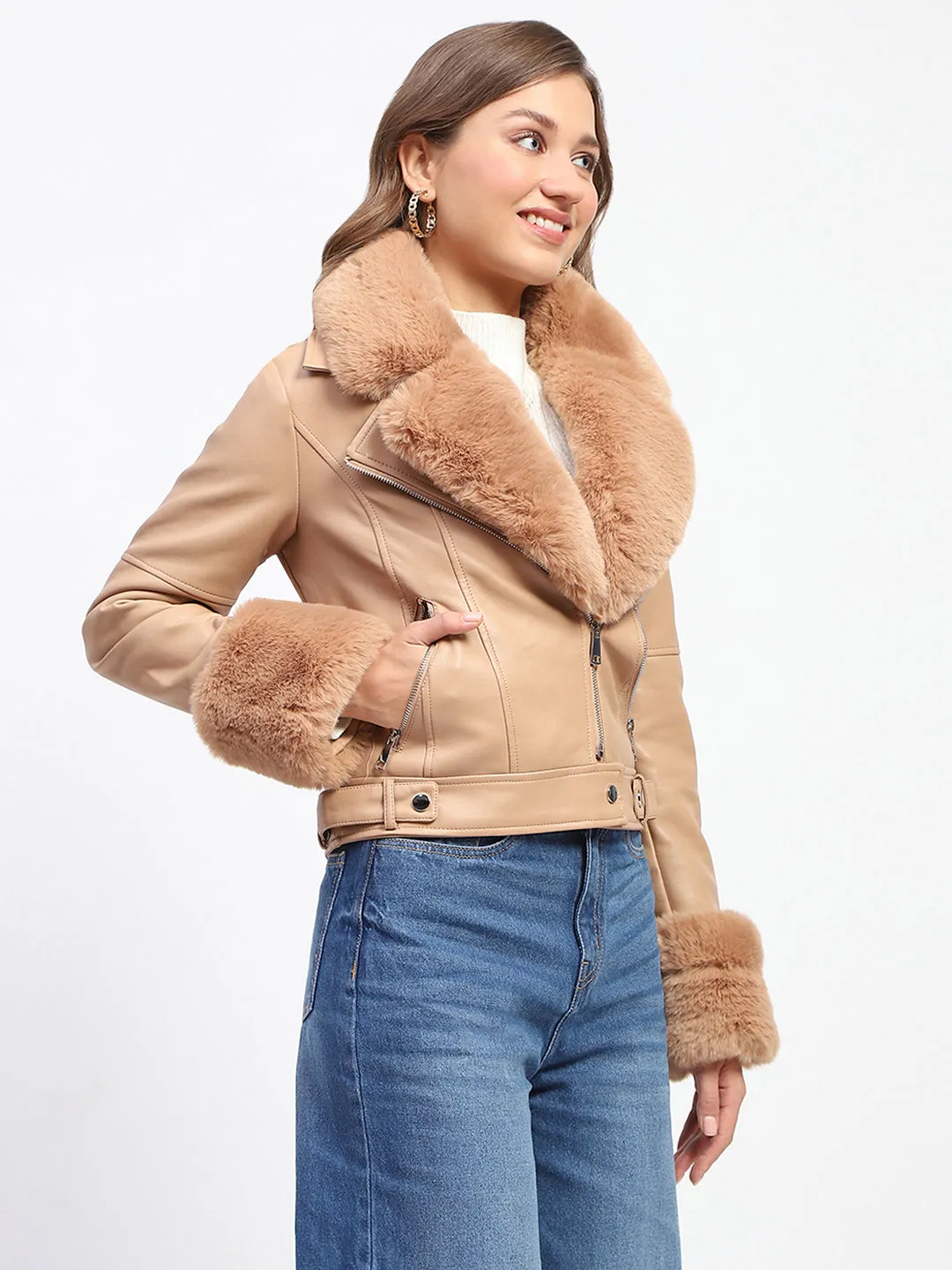 Madame Shanaya Kapoor Brown Faux Leather Jacket with Fur Collar and Cuffs